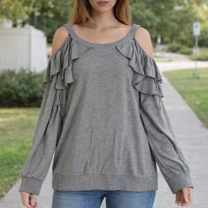 Express One Eleven Gray Cold Shoulder Ruffle Long Sleeve Top Medium